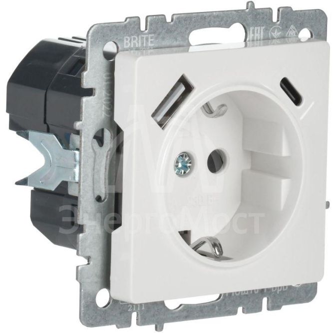 Розетка BRITE РЮш11-1-БрБ 16А с USB A+C 18Вт с заземл. защ. шторки бел. IEK BR-R14-16-U22-018-K01