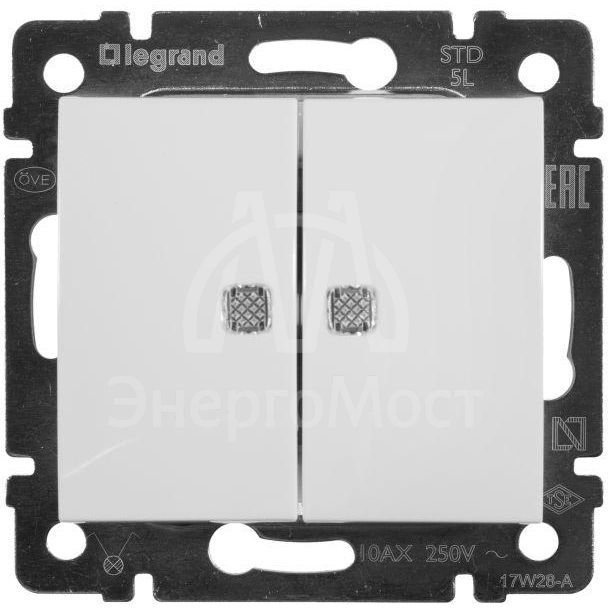 Механизм выключателя 2-кл. СП Valena 10А IP31 250В с зел. подсветкой бел. Leg 774428