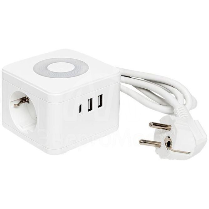 Удлинитель &amp;quot;Куб&amp;quot; 2 гнезда 2USB 2.4А+Type C + Ночник 1.3 метра 1кв.мм EKF UBA-CUB-2-TC