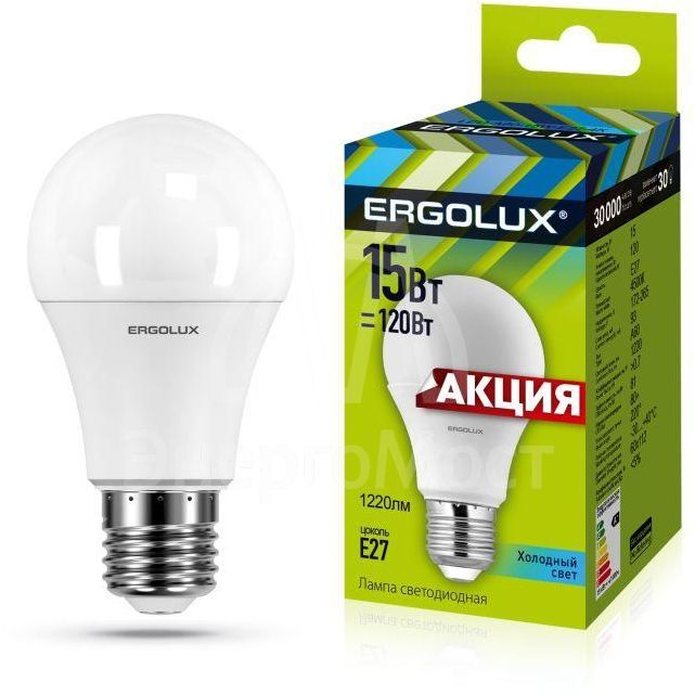 Лампа светодиодная LED-A60-15W-E27-4K &amp;quot;ПРОМО&amp;quot; ЛОН 15Вт E27 4500К 220-240В Ergolux 13638