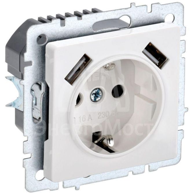 Розетка BRITE РЮш10-2-БрБ 16А с USB A+A 3.1А с заземл. защ. шторки бел. IEK BR-R14-16-U21-D31-K01