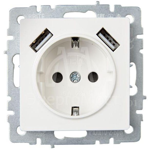 Розетка BRITE РЮш10-2-БрБ 16А с USB A+A 3.1А с заземл. защ. шторки бел. IEK BR-R14-16-U21-D31-K01