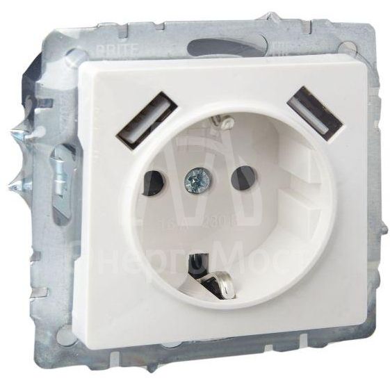 Розетка BRITE РЮш10-2-БрБ 16А с USB A+A 3.1А с заземл. защ. шторки бел. IEK BR-R14-16-U21-D31-K01