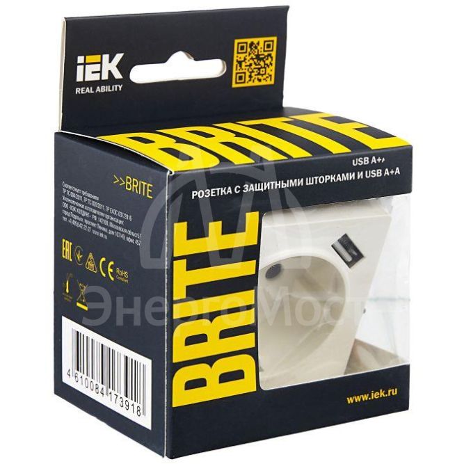 Розетка BRITE РЮш10-2-БрБ 16А с USB A+A 3.1А с заземл. защ. шторки бел. IEK BR-R14-16-U21-D31-K01