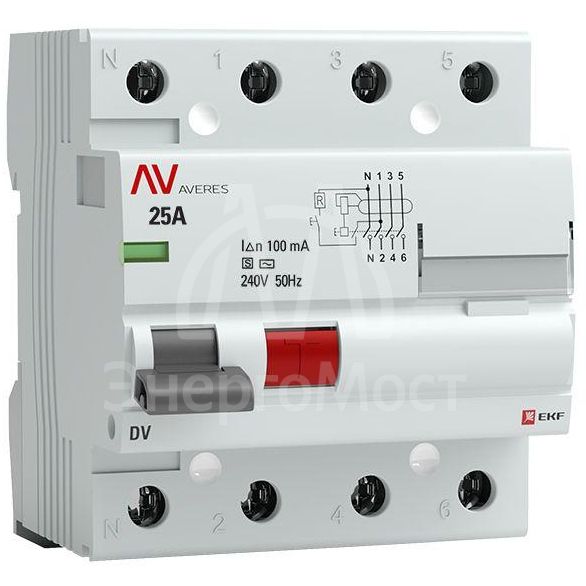 Выключатель дифференциального тока (УЗО) 4п 25А 100мА тип S DV AVERES EKF rccb-4-25-100-s-av