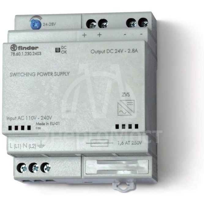 Источник питания импульсный вход 110...240В AC / выход 24В DC 60Вт модульный 70мм предохранитель входой цепи настройка выходного напряжения IP20 FINDER 786012302403