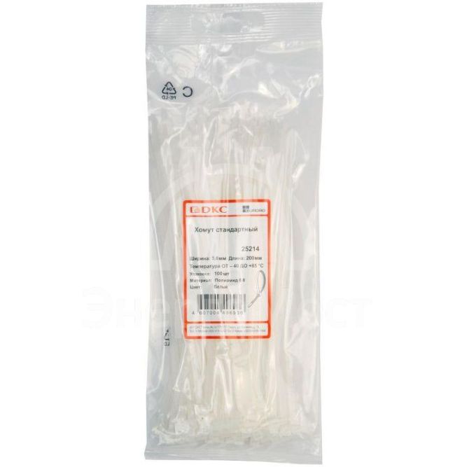 Хомут кабельный 3.6х200 полиамид бел. (уп.100шт) DKC 25214