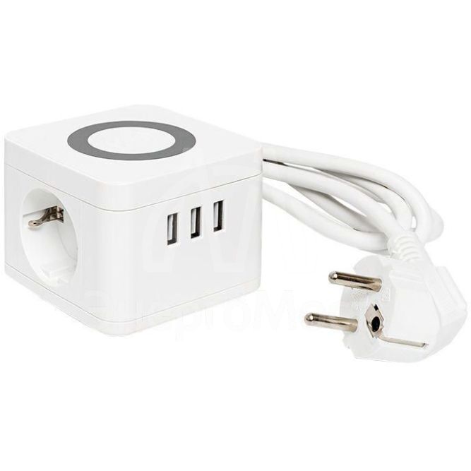 Удлинитель &amp;quot;Куб&amp;quot; 2 гнезда 3USB 2.4А+зарядное устройство 1.3 метра 1кв.мм EKF UBA-CUB-3-WC