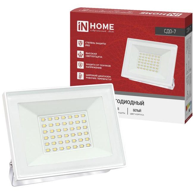Прожектор светодиодный СДО-7 50Вт 4000К IP65 230В бел. IN HOME 4690612064376