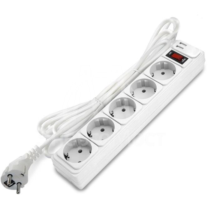 Удлинитель с сетевым фильтром 5х3м с заземл 10А 2.2кВт IP20 2хUSB ПВС 3х1 с выкл. бел. DOMTOK 2565