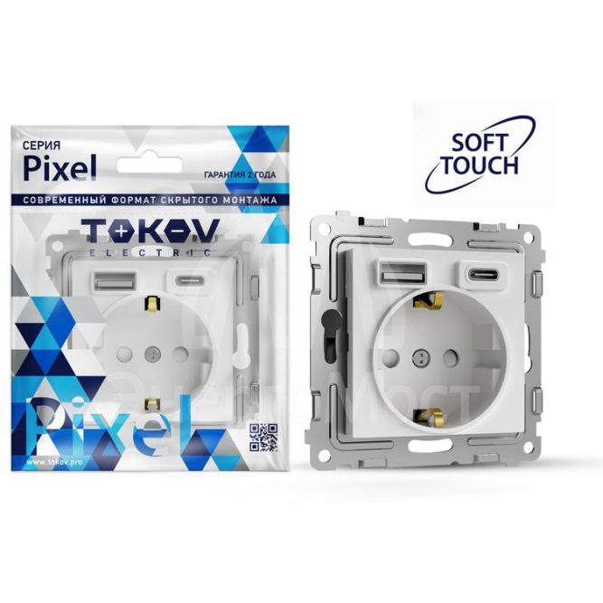 Розетка 1-м СП Pixel IP20 с заземл. с 2-мя заряд. устр. USB тип A+C механизм айс TOKOV ELECTRIC TKE-PX-R1U2AC-C34