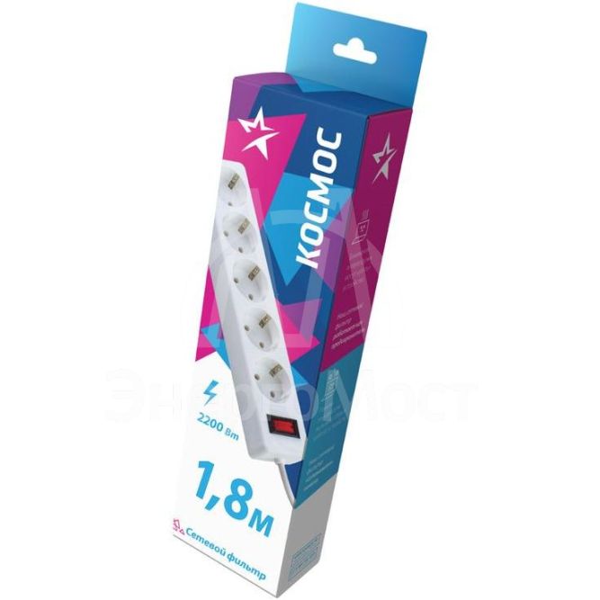 Удлинитель с сетевым фильтром 5х1.8м с заземл. 10А IP20 2.2кВт 3х0.75 индикатор сети бел. Космос FKsm1.8m-5g(W)