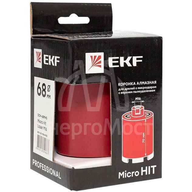 Коронка алмазная для дрелей с микроударом (верхнее пылеудаление) Micro Hit Laser M16 Professional DCH-68MHS EKF dch-68-mhs-m16