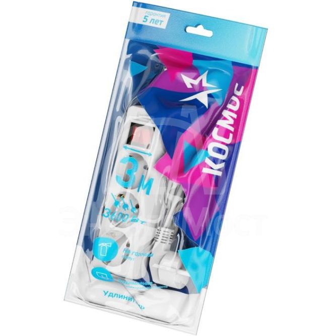 Удлинитель 3х5м с заземл. 16А IP20 с выкл. ПВС 3х1 Космос YKsm5m-3g-Z-V(K)