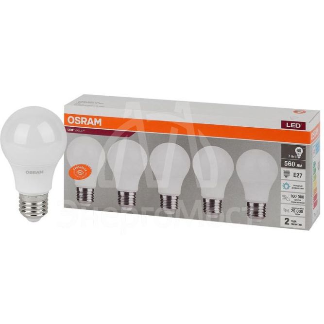 Лампа светодиодная LED Value LVCLA60 7SW/865 230В E27 2х5 RU (уп.5шт) OSRAM 4058075577688