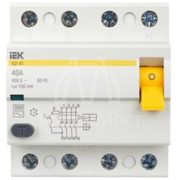 Выключатель дифференциального тока (УЗО) 4п 40А 100мА тип AC ВД1-63 IEK MDV10-4-040-100