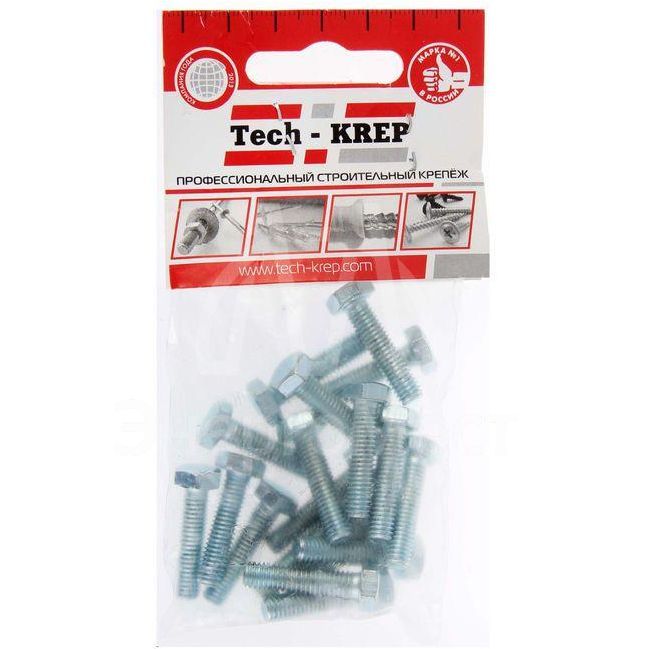 Болт М6х16 с шестигранной головкой цинк. DIN 933 (уп.20шт) класс прочности 8.8. пакет Tech-Krep 102956