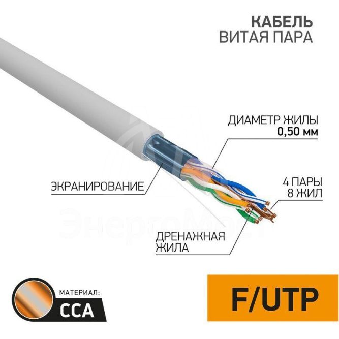 Кабель витая пара F/UTP 4х2х24AWG кат.5E solid CCA PVC сер. (м) PROCONNECT 01-0142-3