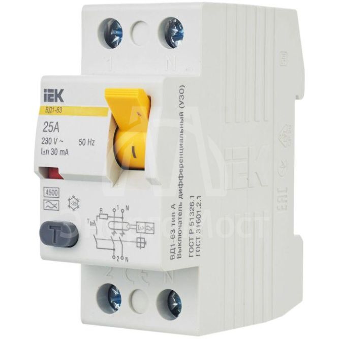 Выключатель дифференциального тока (УЗО) 2п 25А 30мА тип A ВД1-63 IEK MDV11-2-025-030