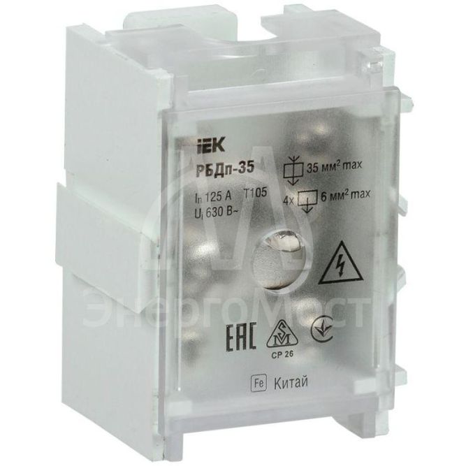 Блок распределительный проходной РБДп-35 125/50А DIN 1х35-4х6кв.мм IEK YRB30-1-125