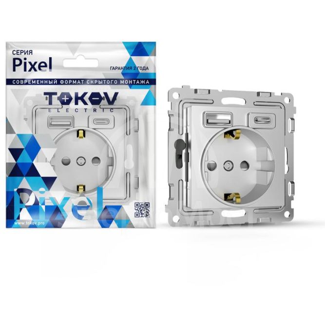 Розетка 1-м СП Pixel IP20 с заземл. с 2-мя заряд. устр. USB тип A+C механизм алюм. TOKOV ELECTRIC TKE-PX-R1U2AC-C03