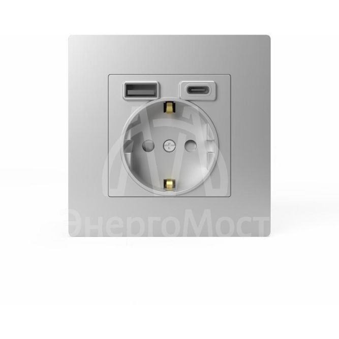 Розетка 1-м СП Pixel IP20 с заземл. с 2-мя заряд. устр. USB тип A+C механизм алюм. TOKOV ELECTRIC TKE-PX-R1U2AC-C03