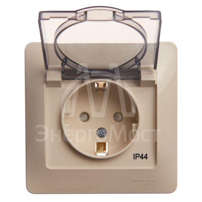 Розетка 1-м СП Glossa 16А IP44 с защ. крышкой защ. шторки с заземл. в сборе беж. SchE GSL000248