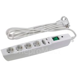 Удлинитель с сетевым фильтром 5х2м с заземл. 10А IP20 SFU-5es-2m-W 5гн+2хUSB защ. шторки с выкл. ПВС 3х0.75 бел. ЭРА C0043327