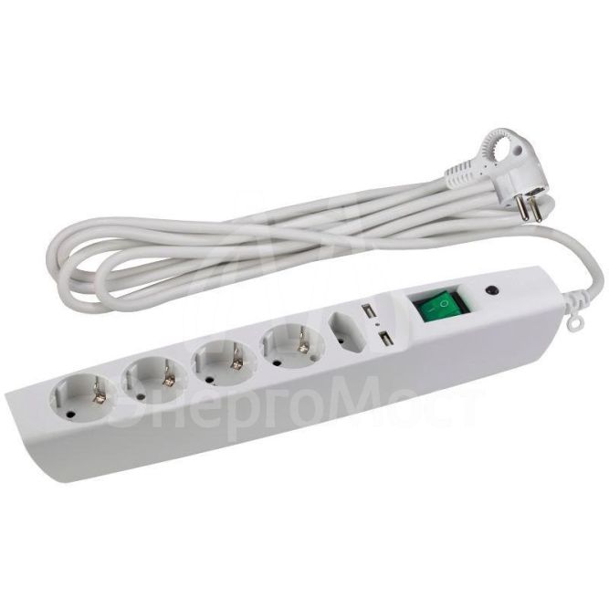 Удлинитель с сетевым фильтром 5х2м с заземл. 10А IP20 SFU-5es-2m-W 5гн+2хUSB защ. шторки с выкл. ПВС 3х0.75 бел. ЭРА C0043327