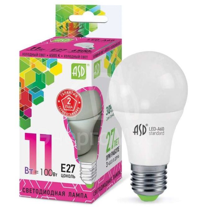 Лампа светодиодная LED-A60-standard 11Вт грушевидная 230В E27 6500К 990Лм ASD 4690612014197