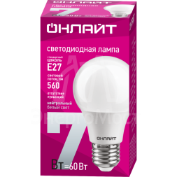 Лампа светодиодная 71 648 OLL-A60-7-230-4K-E27 7Вт грушевидная 4000К бел. E27 610лм 176-264В ОНЛАЙТ 71648