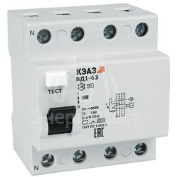 Выключатель дифференциального тока (УЗО) 4п 16А 30мА тип AC ВД1-63 4216 УХЛ4 КЭАЗ 221946