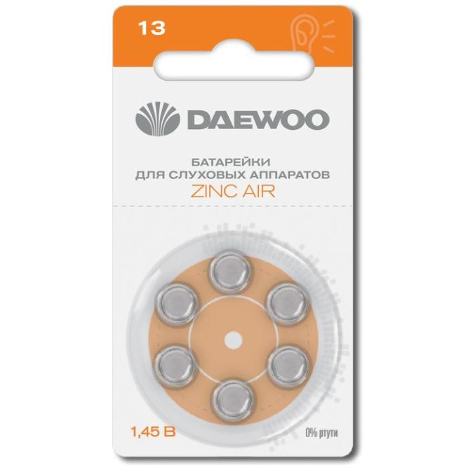 Элемент питания воздушно-цинковый ZA13/PR48 1.45В BL-6 (блист.6шт) для слуховых аппаратов DAEWOO 5060371