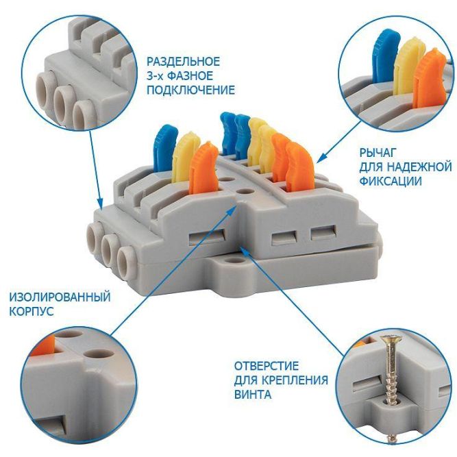 Клемма строительно-монтажная СМК проходная разветвительная 3х2 3п с монтажной площадкой 1 ввод 2 вывода на полюс (уп.5шт) Rexant 07-5233-05