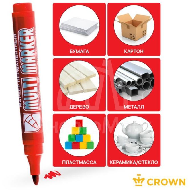 Маркер перманентный &amp;quot;Multi Marker&amp;quot; пулевидный 3мм крас. Crown Б0048241
