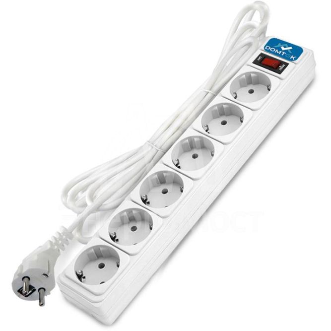 Удлинитель с сетевым фильтром 6х1.8м с заземл 10А IP20 2.2кВт ПВС 3х1 с выкл. бел. DOMTOK 2515