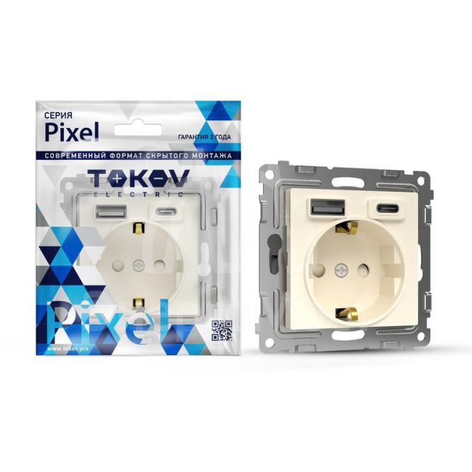 Розетка 1-м СП Pixel IP20 с заземл. с 2-мя заряд. устр. USB тип A+C механизм беж. TOKOV ELECTRIC TKE-PX-R1U2AC-C02