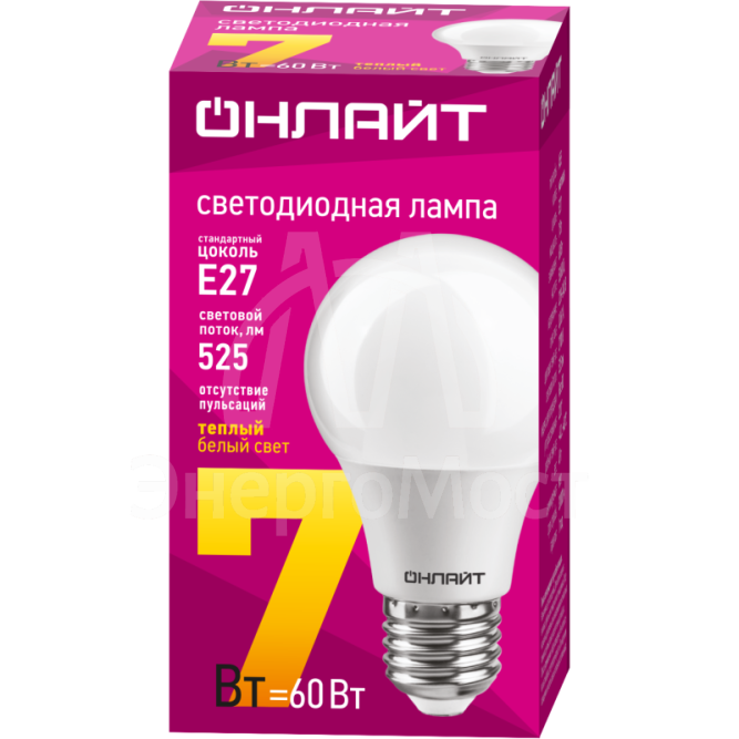 Лампа светодиодная 71 647 OLL-A60-7-230-2.7K-E27 7Вт грушевидная 2700К тепл. бел. E27 525лм 176-264В ОНЛАЙТ 71647