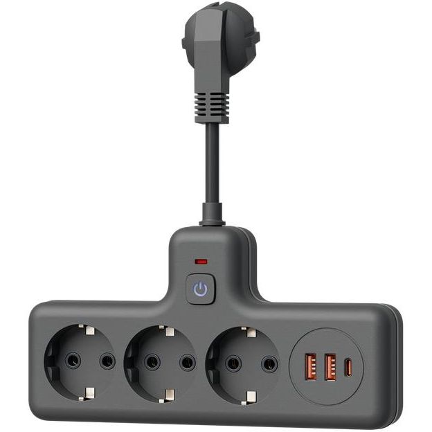 Удлинитель с сетевым фильтром 3х0.3м 10А 2USB + 1USBC 2500Вт ПВС 3х1 компакт черн. КОСМОС FRKsm0.3m-3g(B)USB