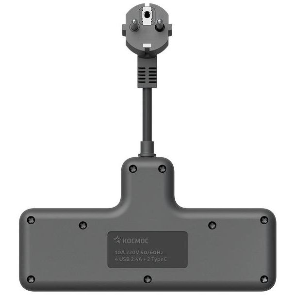 Удлинитель с сетевым фильтром 3х0.3м 10А 2USB + 1USBC 2500Вт ПВС 3х1 компакт черн. КОСМОС FRKsm0.3m-3g(B)USB