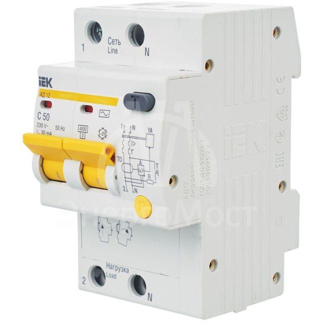 Выключатель автоматический дифференциального тока 2п C 50А 30мА тип AC 4.5кА АД-12 IEK MAD10-2-050-C-030