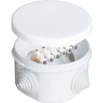 Коробка распределительная ОП d75х45мм IP54 с клемм. 4 выхода 4 гермоввода 10А 6 контактов крышка защелкивающаяся бел. Epplast 240343