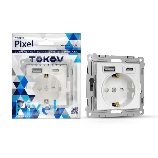 Розетка 1-м СП Pixel IP20 с заземл. с 2-мя заряд. устр. USB тип A+C механизм бел. TOKOV ELECTRIC TKE-PX-R1U2AC-C01