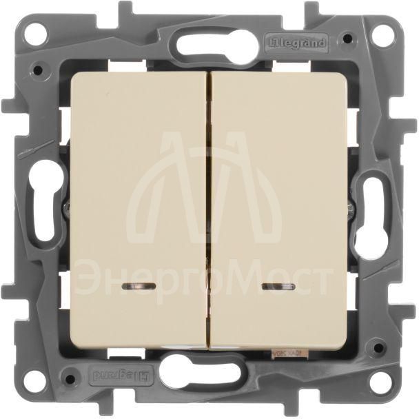 Механизм выключателя 2-кл. СП Etika 10А IP20 250В 10AX с подсветкой / индикацией безвинт. зажимы сл. кость Leg 672304