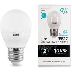 Лампа светодиодная Elementary 6Вт шар 4100К бел. E27 450лм 180-240В Gauss 53226