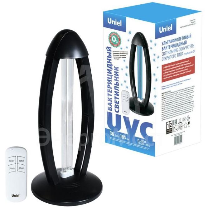 Облучатель бактерицидный ультрафиолетовый UGL-T02B-36W/UVCO/RC BLACK настольный с озонированием 185нм с лампой пульт ДУ корпус черн. Uniel UL-00007266