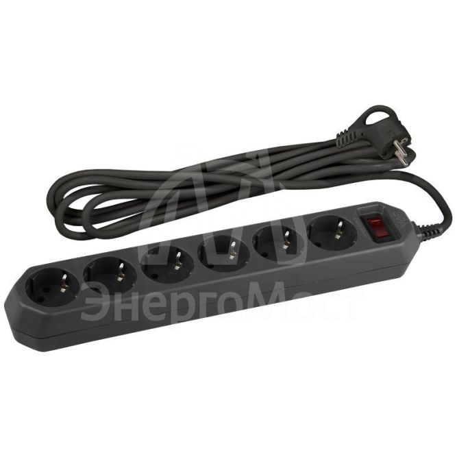 Удлинитель с сетевым фильтром 6х5м с заземл. 10А IP20 USF-6es-5m-B с выкл. с базов. защитой черн. Эра Б0037265