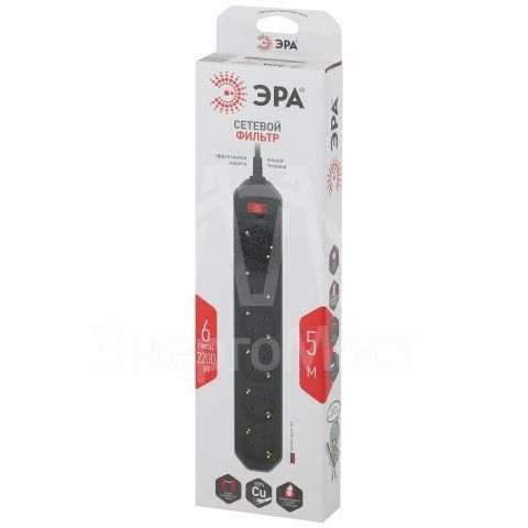 Удлинитель с сетевым фильтром 6х5м с заземл. 10А IP20 USF-6es-5m-B с выкл. с базов. защитой черн. Эра Б0037265