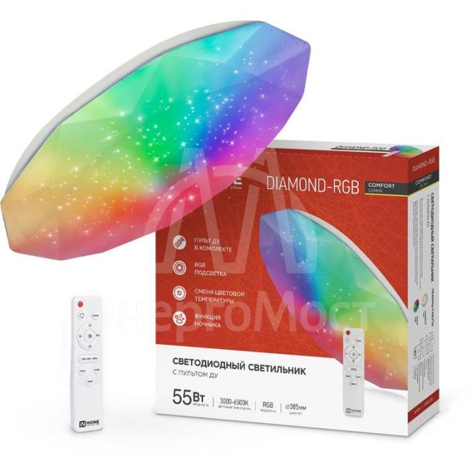 Светильник светодиодный COMFORT DIAMOND-RGB 55Вт 230В 3000-6500К 4400лм 385х75мм с пультом ДУ IN HOME 4690612044576