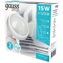 Светильник светодиодный ЖКХ Qplus D175х76 15Вт 4000К 1200лм 160-260В IP54 круг бел. декорат. рамка микровол. сенсором Gauss 142411215-S